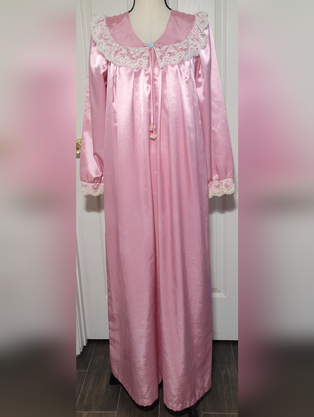 Vintage Brandywine Pink Satin Nightgown Lace Trim Petite USA Long Lingerie 70s